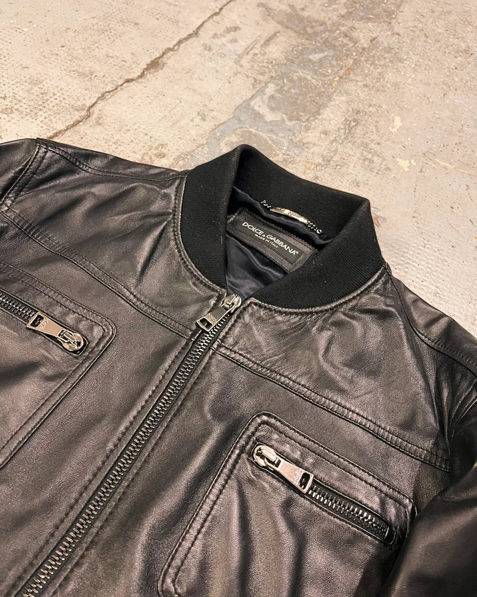 2010s Dolce & Gabbana Black Alpha Bomber Leather Jacket pFpOoaq 4