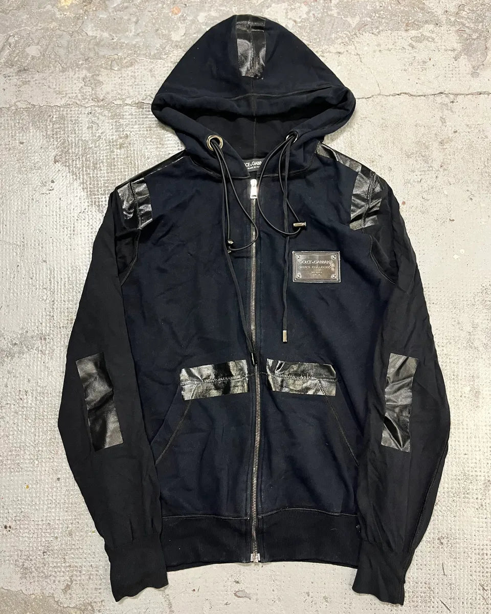 2010s Dolce & Gabbana Black Blend Leather Trim Zip-up Hoodie onrbYqP 0
