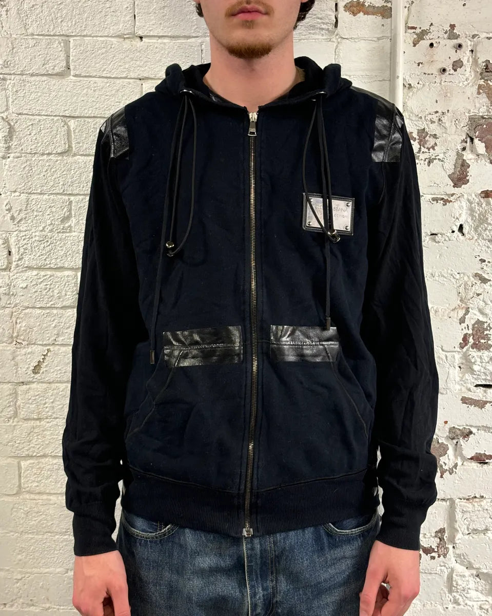 2010s Dolce & Gabbana Black Blend Leather Trim Zip-up Hoodie onrbYqP 1