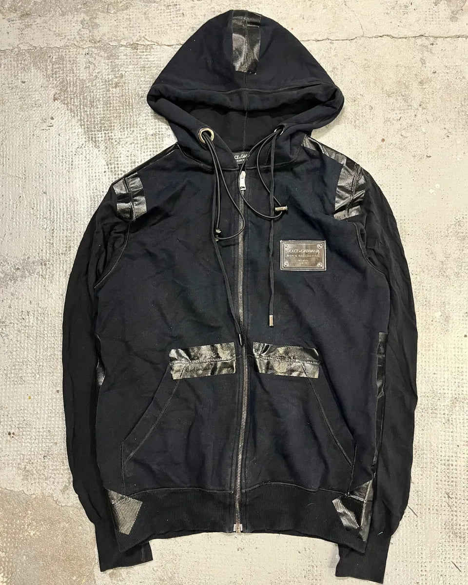 2010s Dolce & Gabbana Black Blend Leather Trim Zip-up Hoodie onrbYqP 3