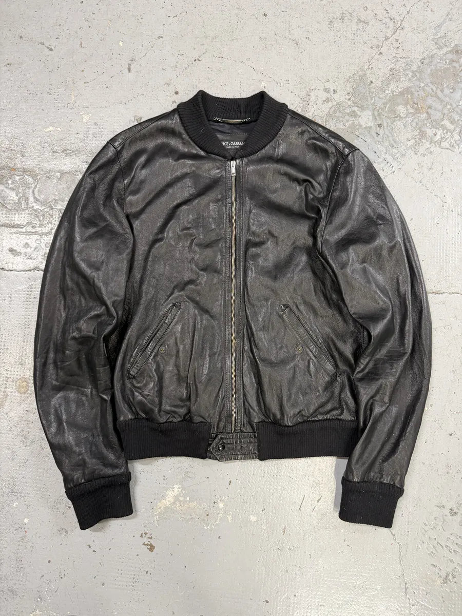 2010s Dolce & Gabbana Black Premium Lamb Leather Bomber Jacket JmLJLhu 0