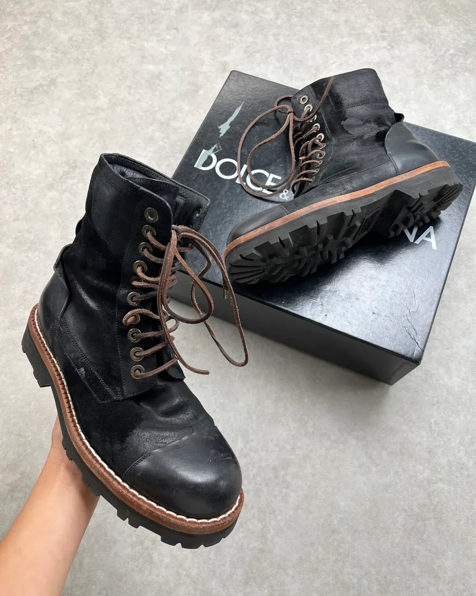 2010s Dolce & Gabbana Black Waxed Effect Leather Laced Boots zDkIrkq 0