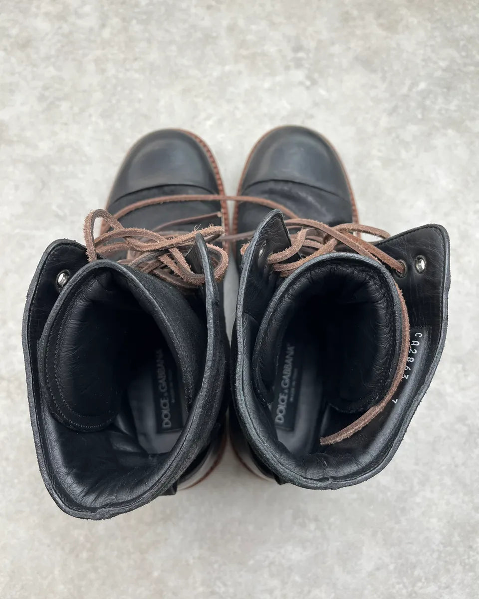 2010s Dolce & Gabbana Black Waxed Effect Leather Laced Boots zDkIrkq 8