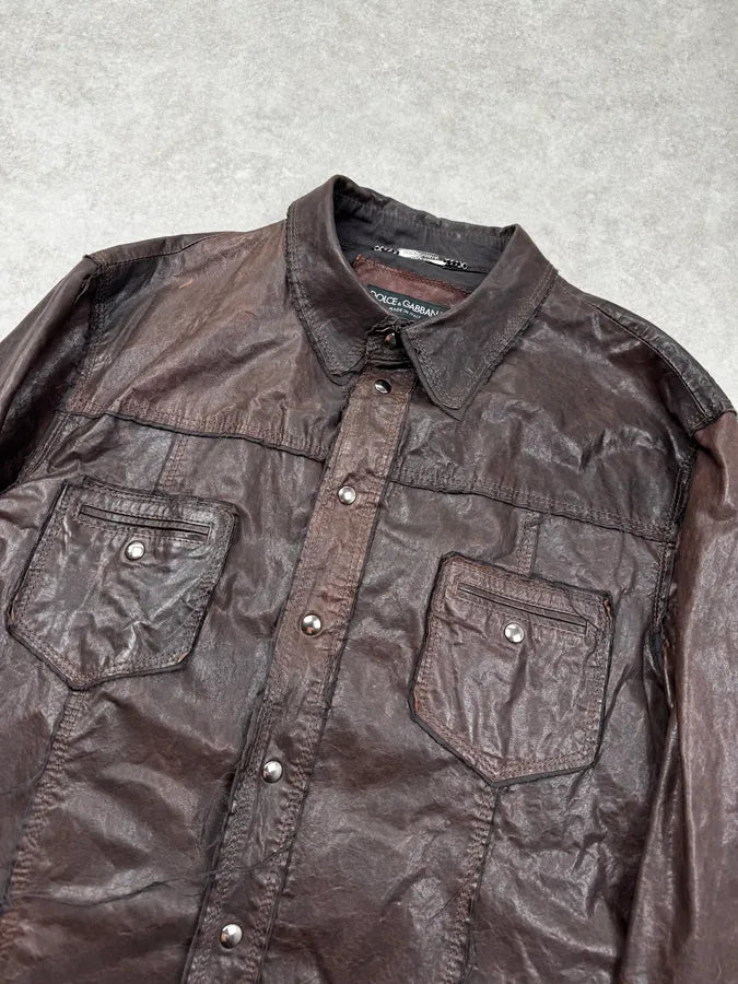 2010s Dolce & Gabbana Brown Distressed Leather Shirt Jacket AGrVppj 3