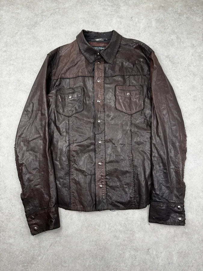 2010s Dolce & Gabbana Brown Distressed Leather Shirt Jacket AGrVppj 0