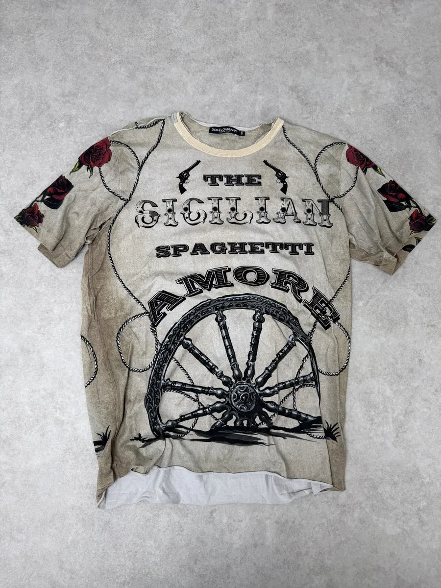 2010s Dolce & Gabbana Faded Grey Gun Rose T-Shirt gGuKmjN 0
