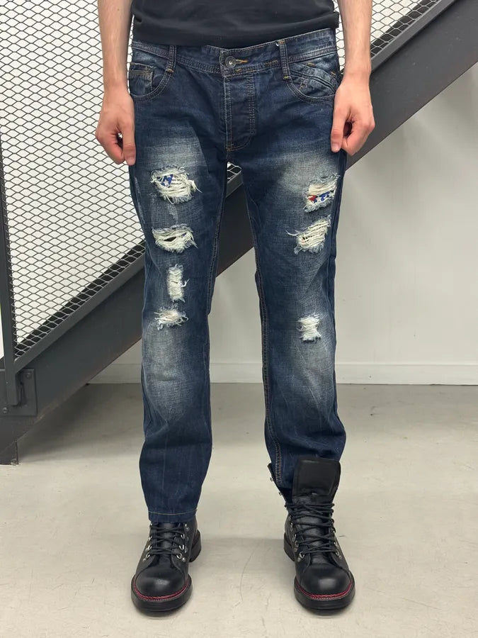 2010s Dolce & Gabbana Flag Holes USA Navy Denim Distressed Jeans rEniYpK 0