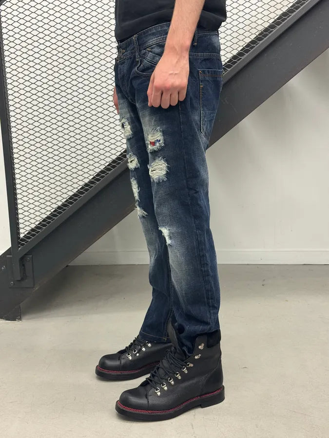 2010s Dolce & Gabbana Flag Holes USA Navy Denim Distressed Jeans rEniYpK 1