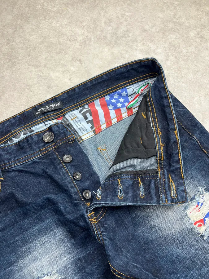 2010s Dolce & Gabbana Flag Holes USA Navy Denim Distressed Jeans rEniYpK 11