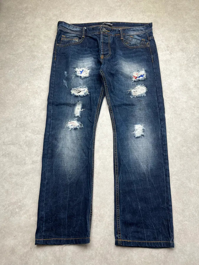 2010s Dolce & Gabbana Flag Holes USA Navy Denim Distressed Jeans rEniYpK 3