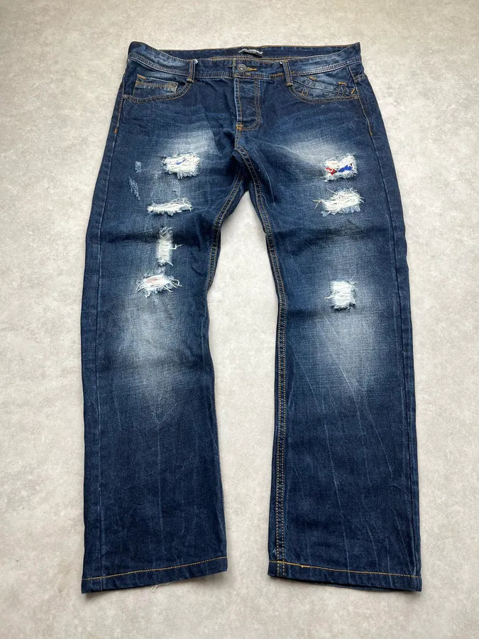 2010s Dolce & Gabbana Flag Holes USA Navy Denim Distressed Jeans rEniYpK 4