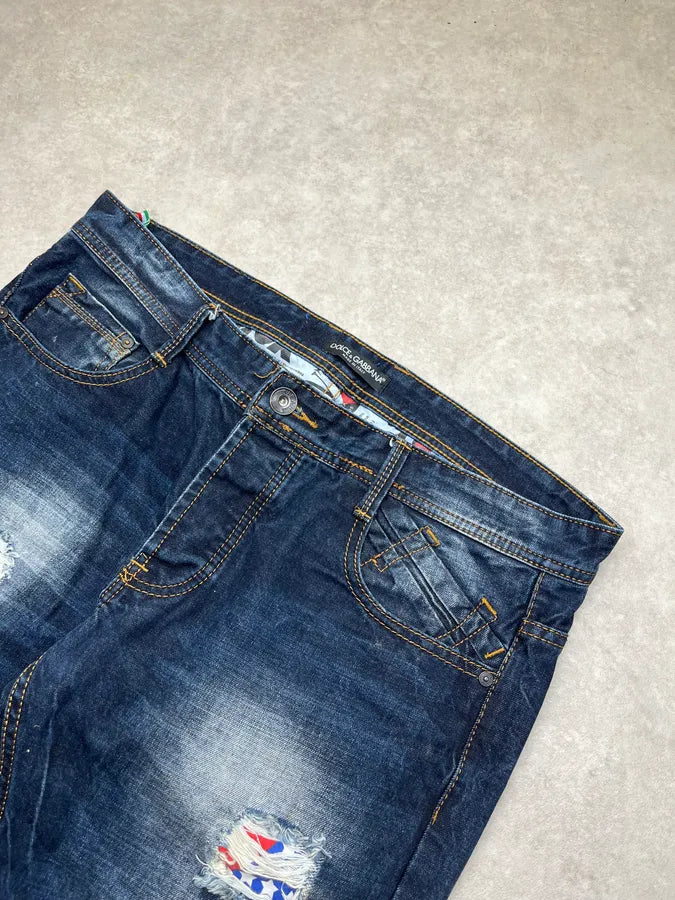 2010s Dolce & Gabbana Flag Holes USA Navy Denim Distressed Jeans rEniYpK 5