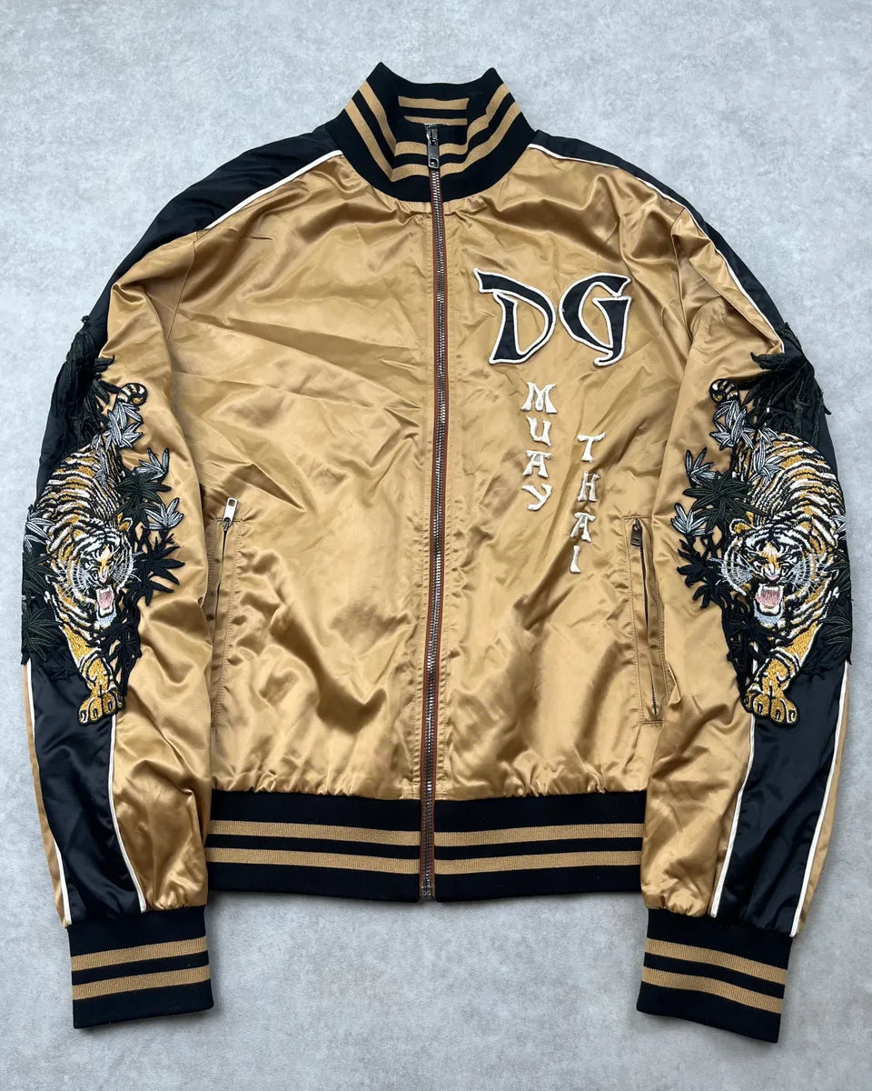 2010s Dolce & Gabbana Gold Nylon Embroidered Tiger Track Bomber Jacket vlRLnVm 0