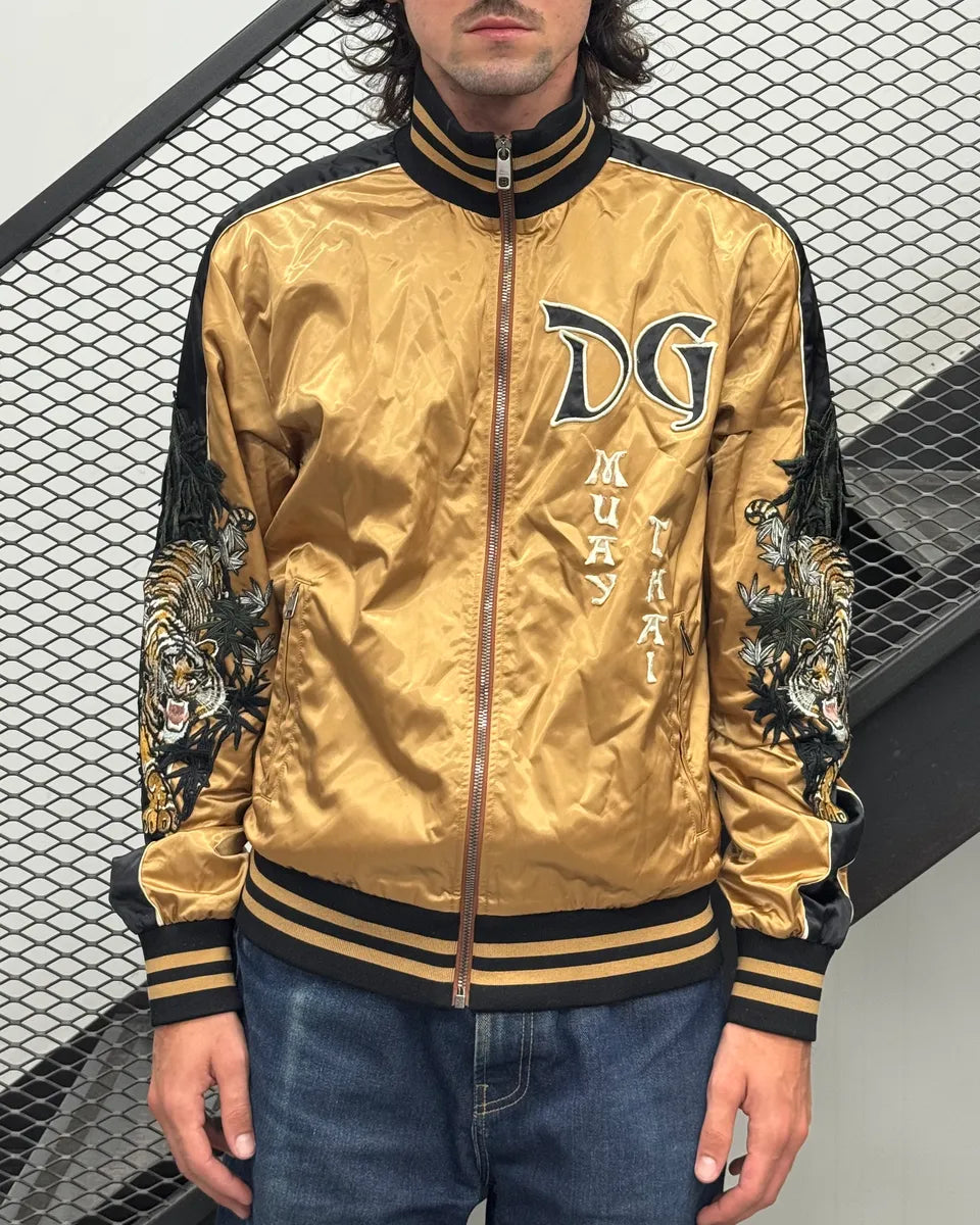 2010s Dolce & Gabbana Gold Nylon Embroidered Tiger Track Bomber Jacket vlRLnVm 1