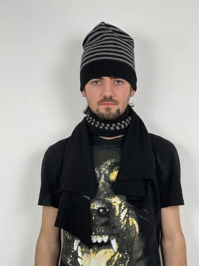 2010s Dolce & Gabbana Grey & Black Striped Beanie & Scarf Set ZOJspis 1