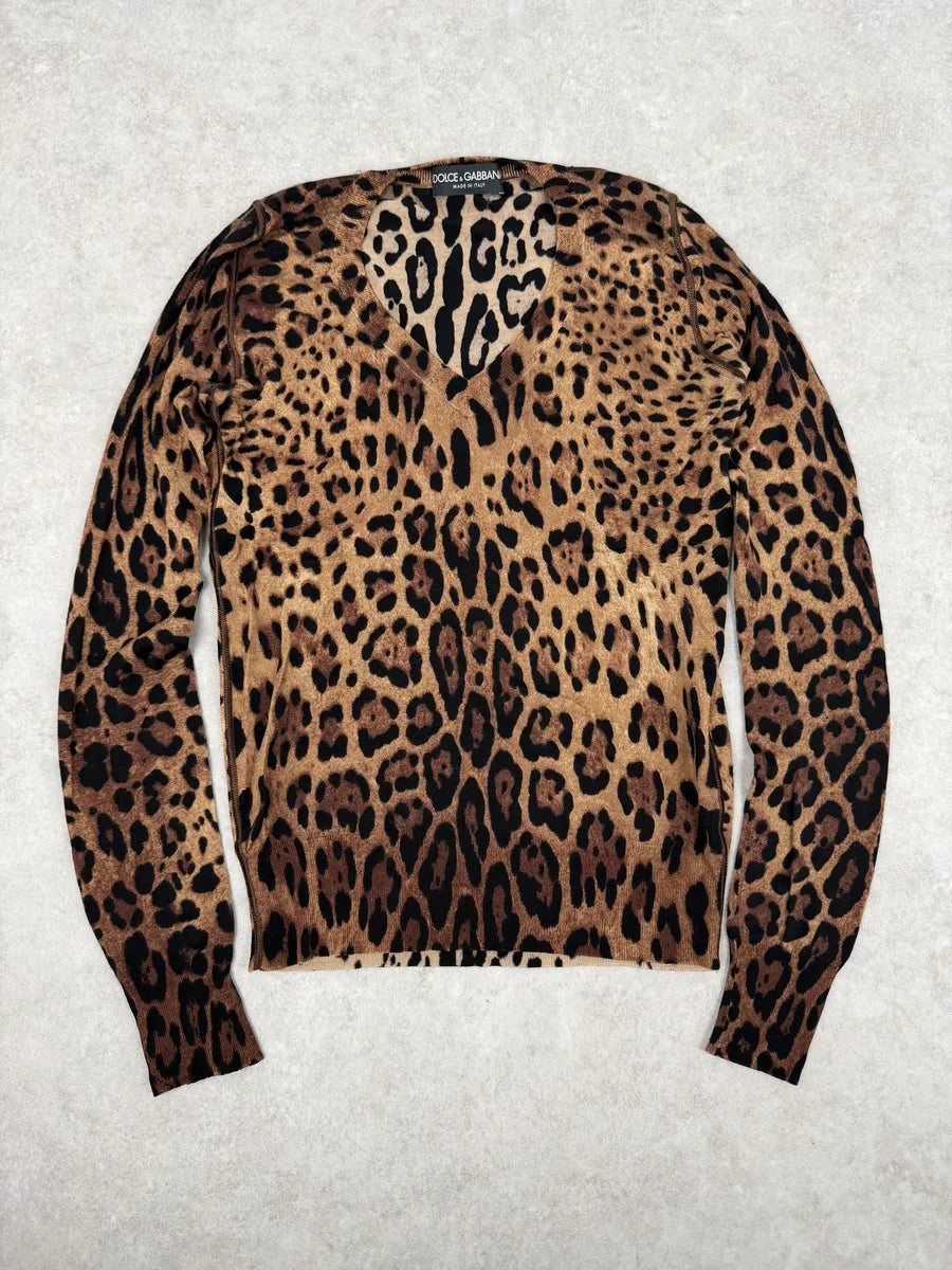 2010s Dolce & Gabbana Leopard Print V Neck Wool Sweater CDhYdoA 0