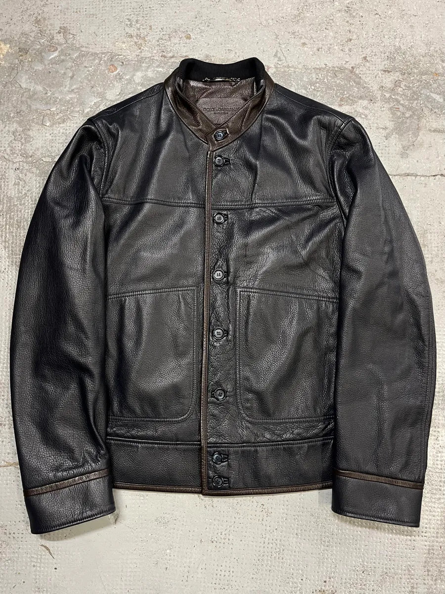2010s Dolce & Gabbana Mao Buttoned Dark Leather Jacket WQWYnqf 0