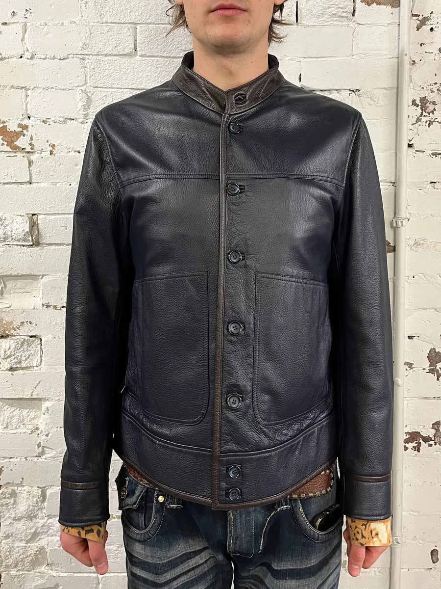 2010s Dolce & Gabbana Mao Buttoned Dark Leather Jacket WQWYnqf 1