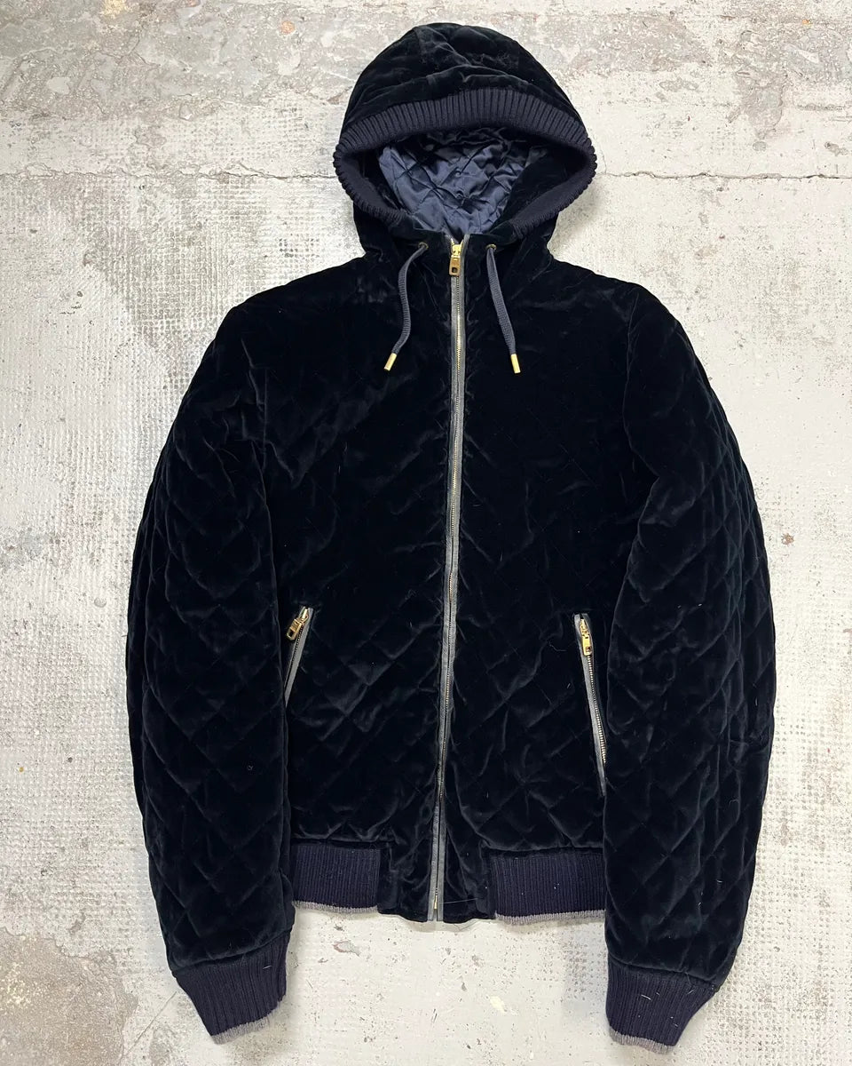 2010s Dolce & Gabbana Navy Velvet Hooded Bomber Jacket  gzMjnQc 0