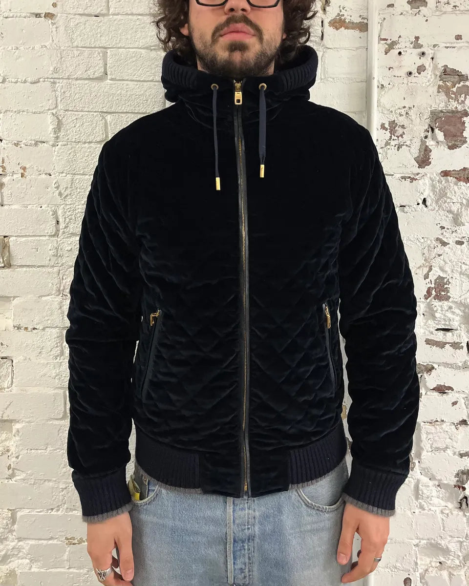2010s Dolce & Gabbana Navy Velvet Hooded Bomber Jacket  gzMjnQc 1