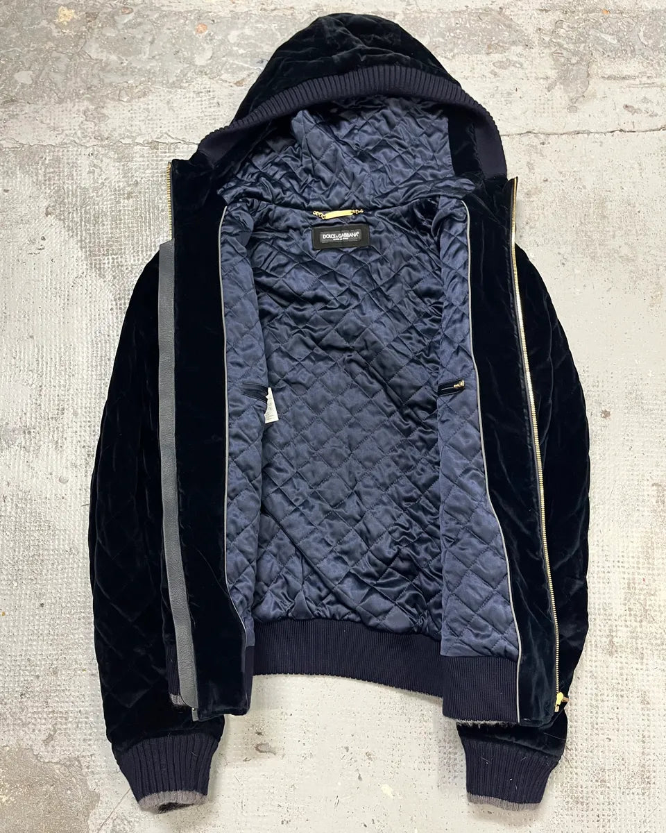 2010s Dolce & Gabbana Navy Velvet Hooded Bomber Jacket  gzMjnQc 7