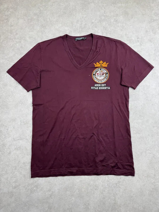 2010s Dolce & Gabbana Bordeaux Amore Embroidered Logo V-Neck T-Shirt ODWeFFF 2
