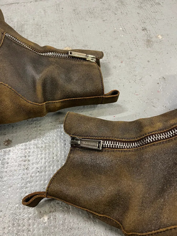 2010s Dsquared2 Double Front Zip Raw Brown Leather Boots xhZlTmB 6