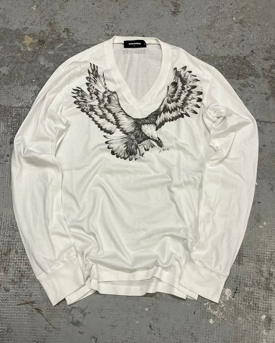AW2015 Dsquared2 Eagle V-Neck White Longsleeves XNlSUmJ 0