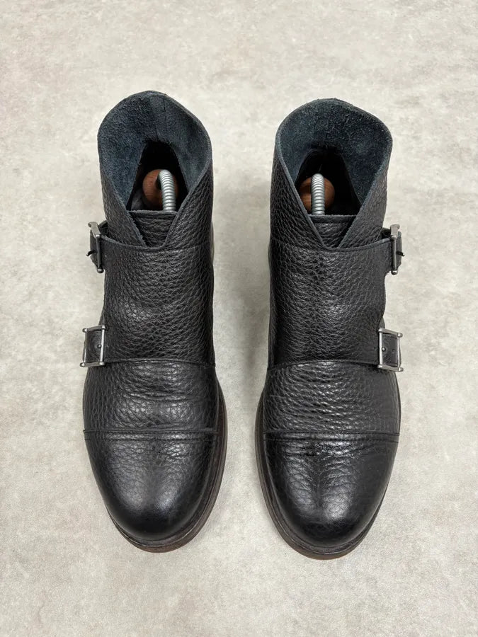 2010s Emporio Armani Black Buckle Leather Grained Boots srWctLL 1