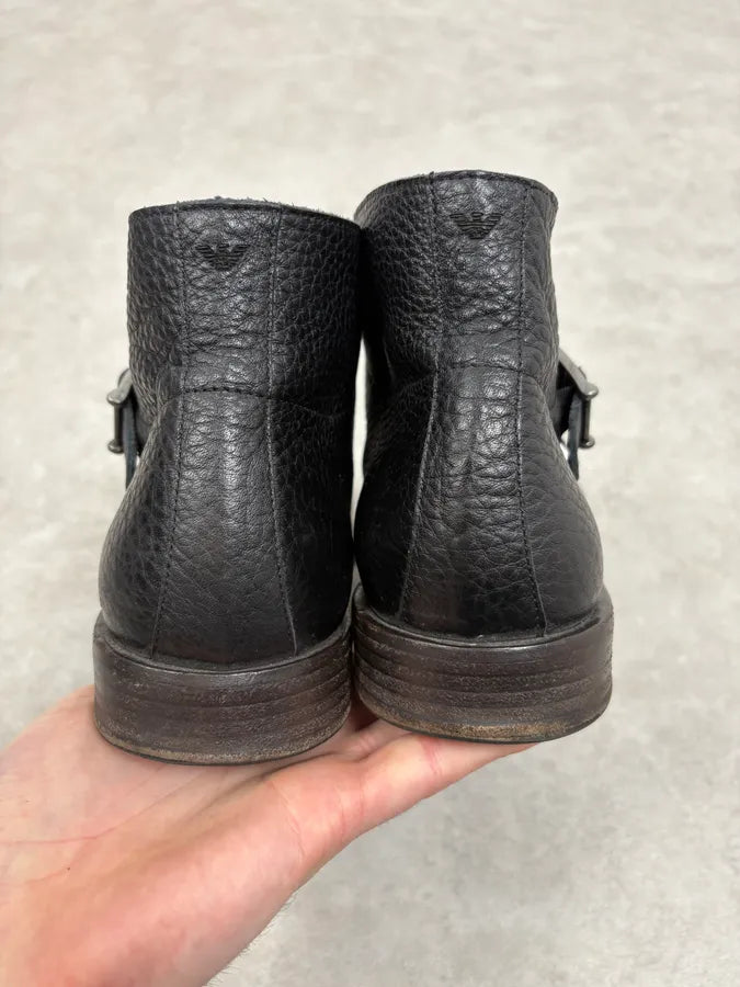 2010s Emporio Armani Black Buckle Leather Grained Boots srWctLL 6