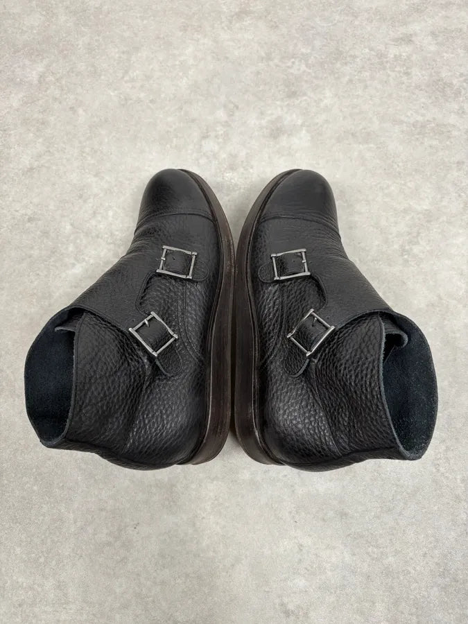 2010s Emporio Armani Black Buckle Leather Grained Boots srWctLL 5