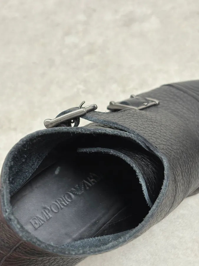 2010s Emporio Armani Black Buckle Leather Grained Boots srWctLL 8