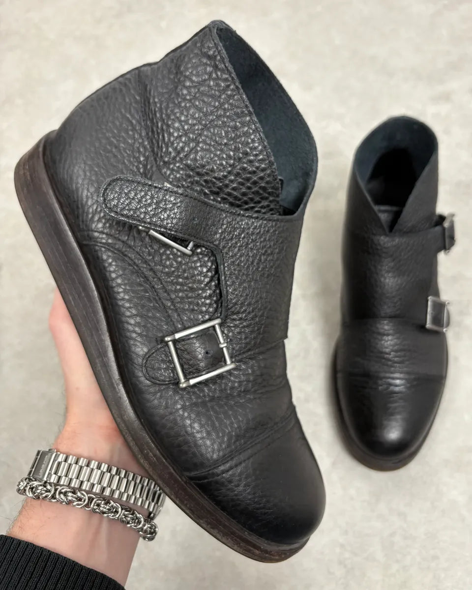2010s Emporio Armani Black Buckle Leather Grained Boots srWctLL 0