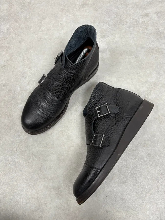 2010s Emporio Armani Black Buckle Leather Grained Boots srWctLL 3
