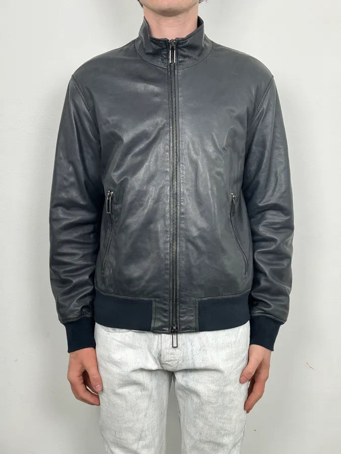 SS2020 Emporio Armani Black Leather Zip-Up Jacket wNCuxFw 1