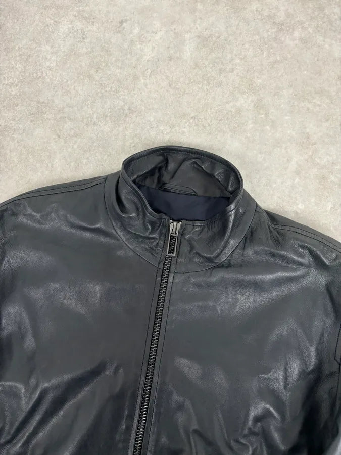 SS2020 Emporio Armani Black Leather Zip-Up Jacket wNCuxFw 3