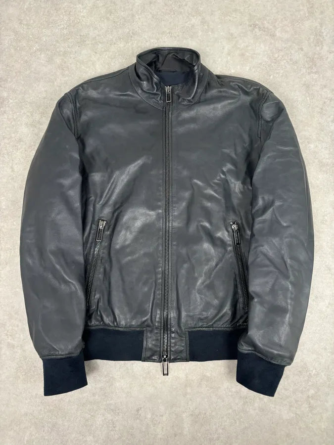 SS2020 Emporio Armani Black Leather Zip-Up Jacket wNCuxFw 0