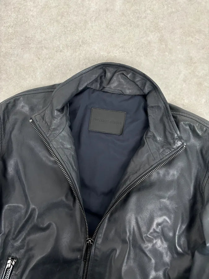 SS2020 Emporio Armani Black Leather Zip-Up Jacket wNCuxFw 7