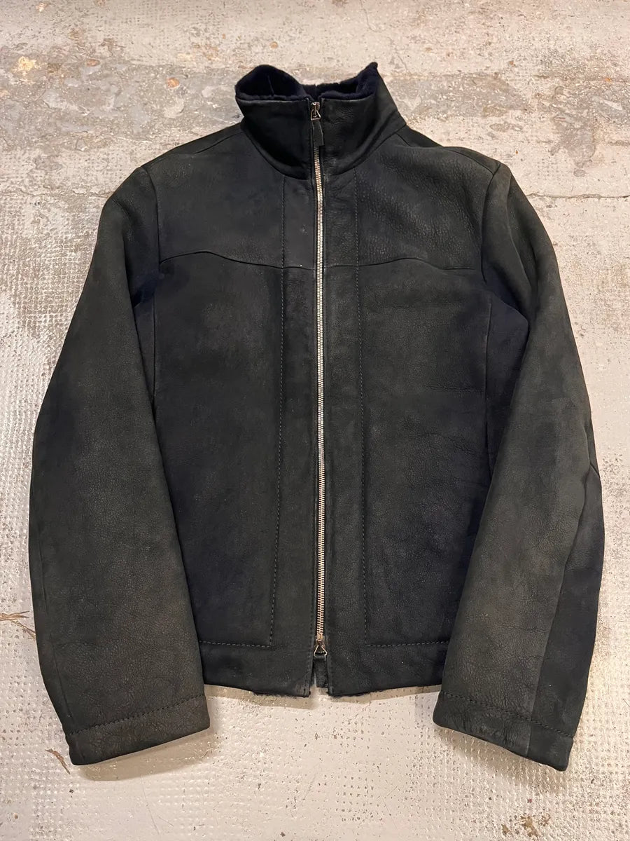 2010s Emporio Armani Black Shearling Avanat-Garde Leather Jacket bzaLmVz 0