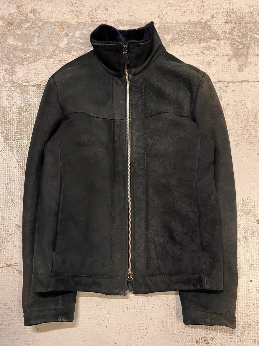 2010s Emporio Armani Black Shearling Avanat-Garde Leather Jacket bzaLmVz 3