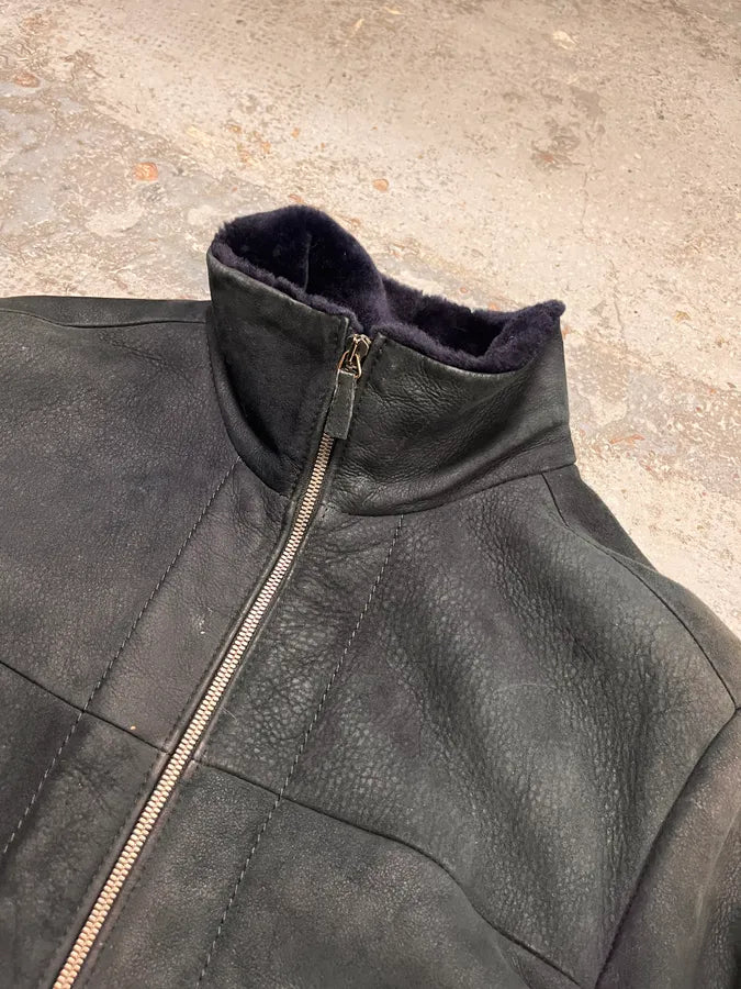 2010s Emporio Armani Black Shearling Avanat-Garde Leather Jacket bzaLmVz 4
