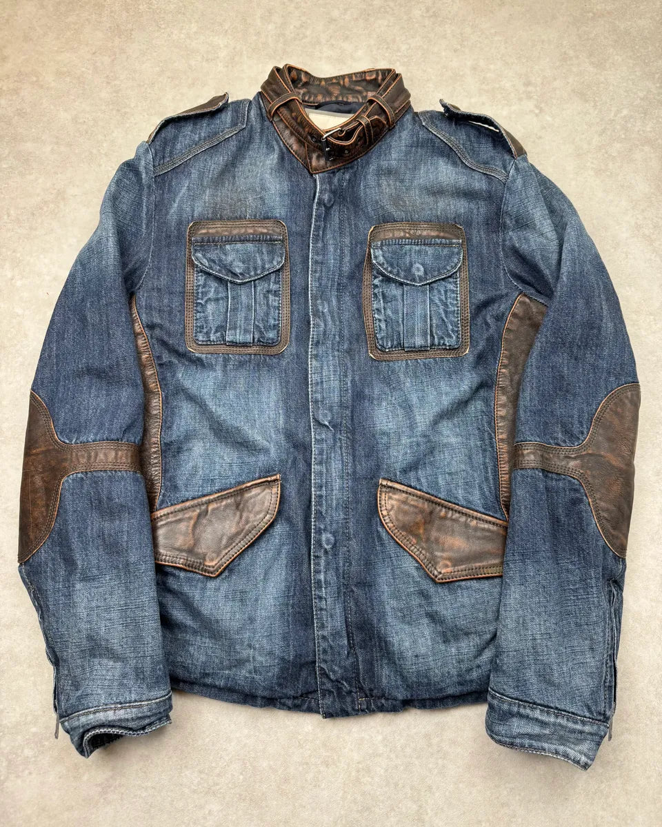 2010s Emporio Armani Brown Leather Trim Blue Denim Jacket  ZFcmDHg 0