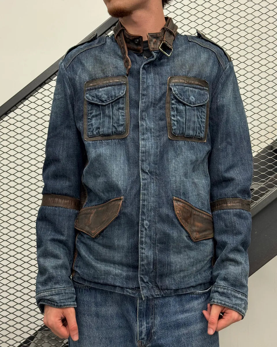 2010s Emporio Armani Brown Leather Trim Blue Denim Jacket  ZFcmDHg 1