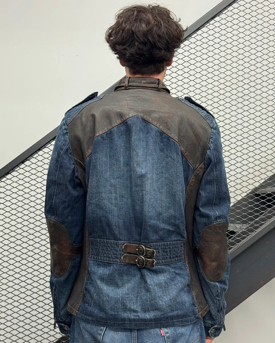 2010s Emporio Armani Brown Leather Trim Blue Denim Jacket  ZFcmDHg 2