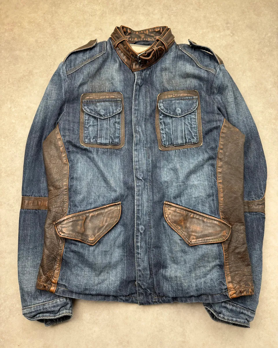 2010s Emporio Armani Brown Leather Trim Blue Denim Jacket  ZFcmDHg 3