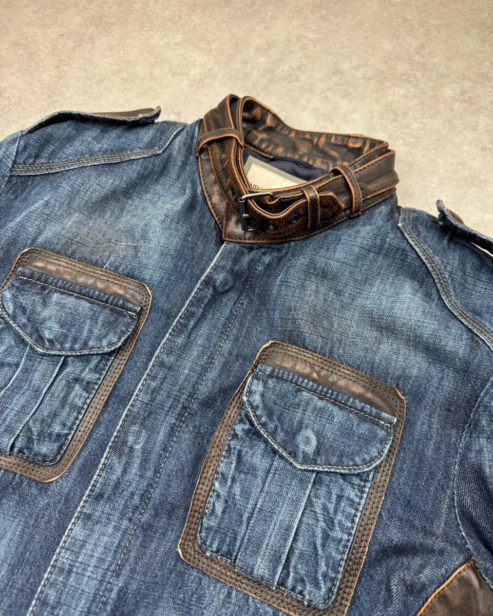 2010s Emporio Armani Brown Leather Trim Blue Denim Jacket  ZFcmDHg 4