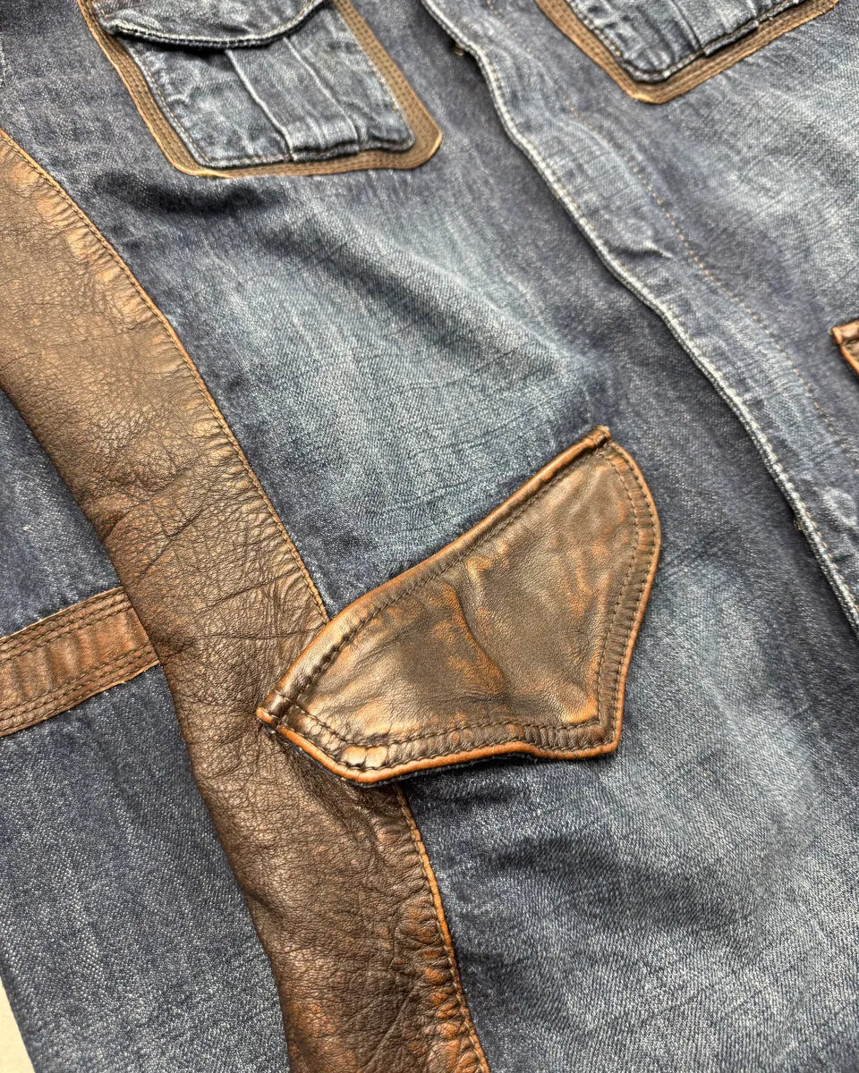 2010s Emporio Armani Brown Leather Trim Blue Denim Jacket  ZFcmDHg 5