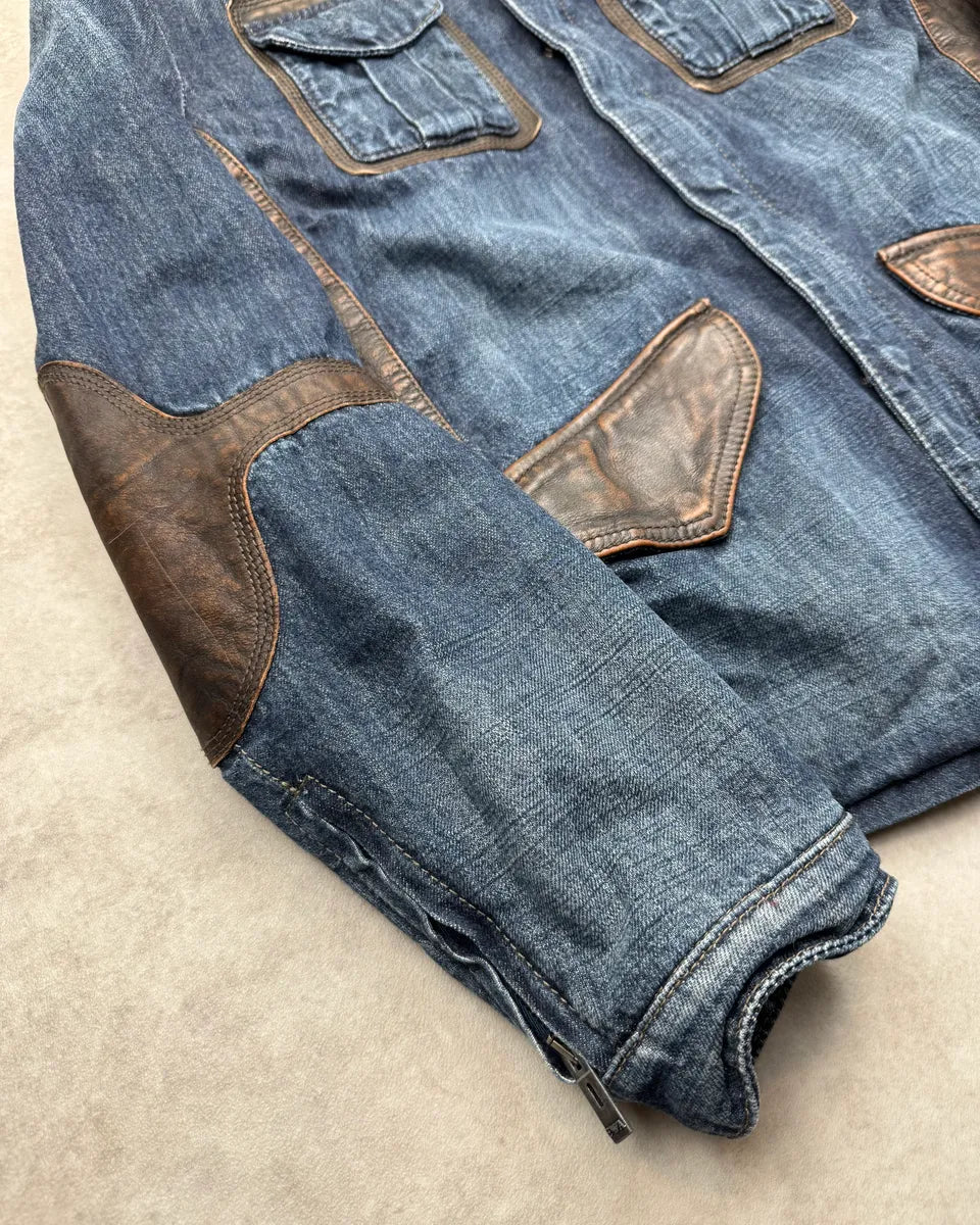 2010s Emporio Armani Brown Leather Trim Blue Denim Jacket  ZFcmDHg 6