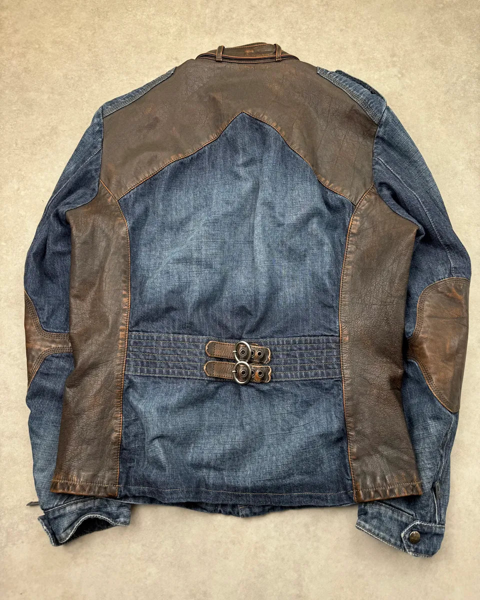 2010s Emporio Armani Brown Leather Trim Blue Denim Jacket  ZFcmDHg 7