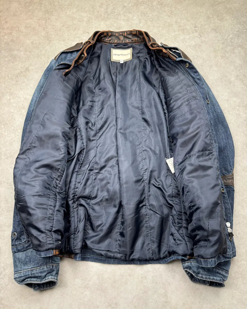2010s Emporio Armani Brown Leather Trim Blue Denim Jacket  ZFcmDHg 8